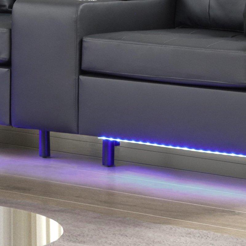 Siyah Suni Deri LED Işıklı USB Şarjlı Saklama Konsollu Bohem Koltuk - 216 cm - 294018