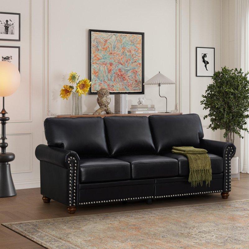 Siyah Suni Deri Masif Ahşap ve Metal Sandıklı Zımba Detaylı Bohem Koltuk - 210x81x88 cm - 292778