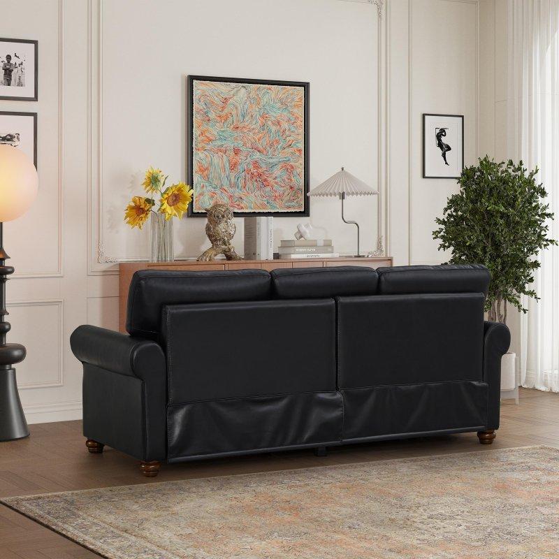 Siyah Suni Deri Masif Ahşap ve Metal Sandıklı Zımba Detaylı Bohem Koltuk - 210x81x88 cm - 292778