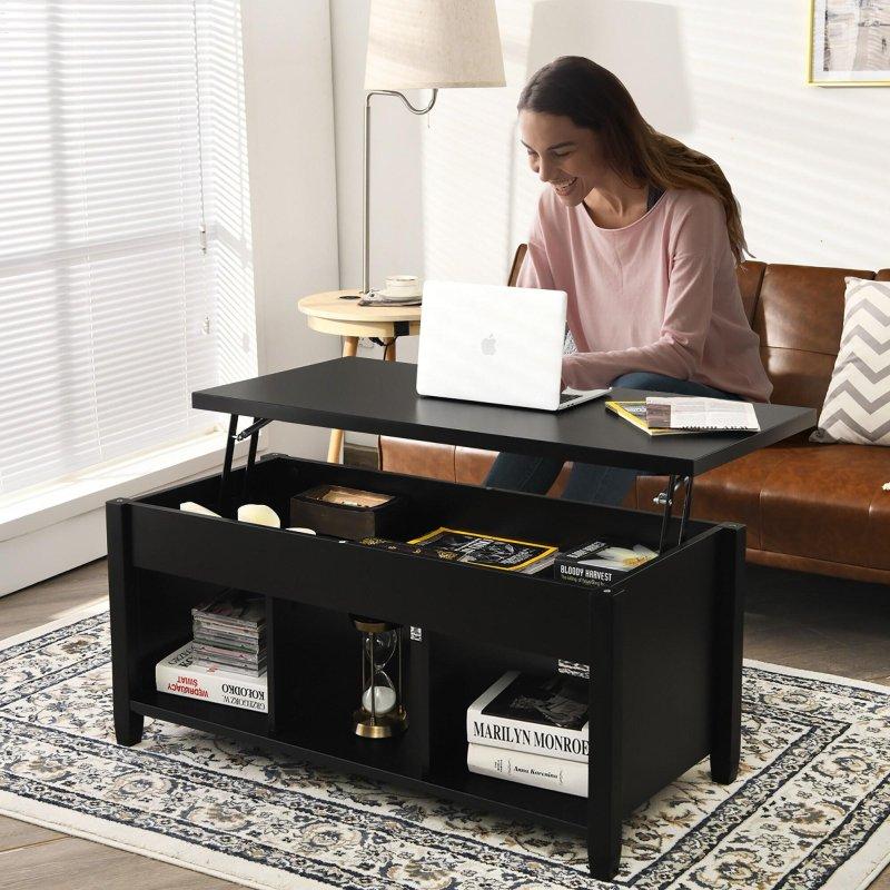 Siyah Suntalam Asansörlü ve Saklama Alanlı Akıllı Sehpa - 105x49 cm - 254634