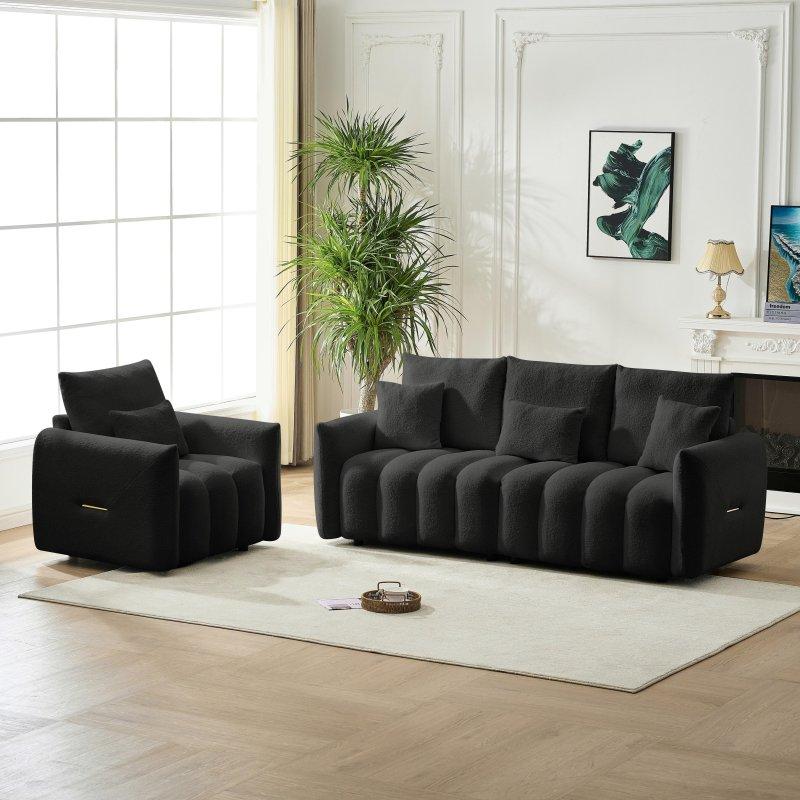 Siyah Teddy Kumaş Yastıklı Kare Kollu Bohem Koltuk - 205x79x87 cm - 286388