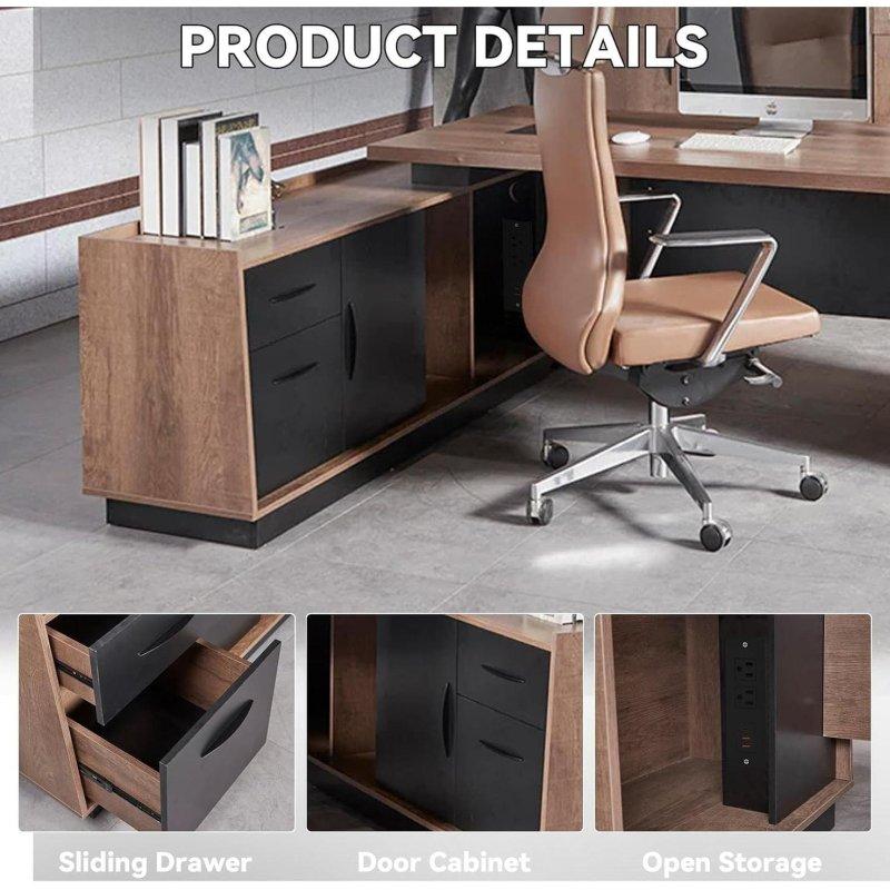 Siyah ve Ahşap Ayarlanabilir Uzunluklu USB Portlu Depolama Alanlı L Ofis Masası - 181-200 cm - 327826