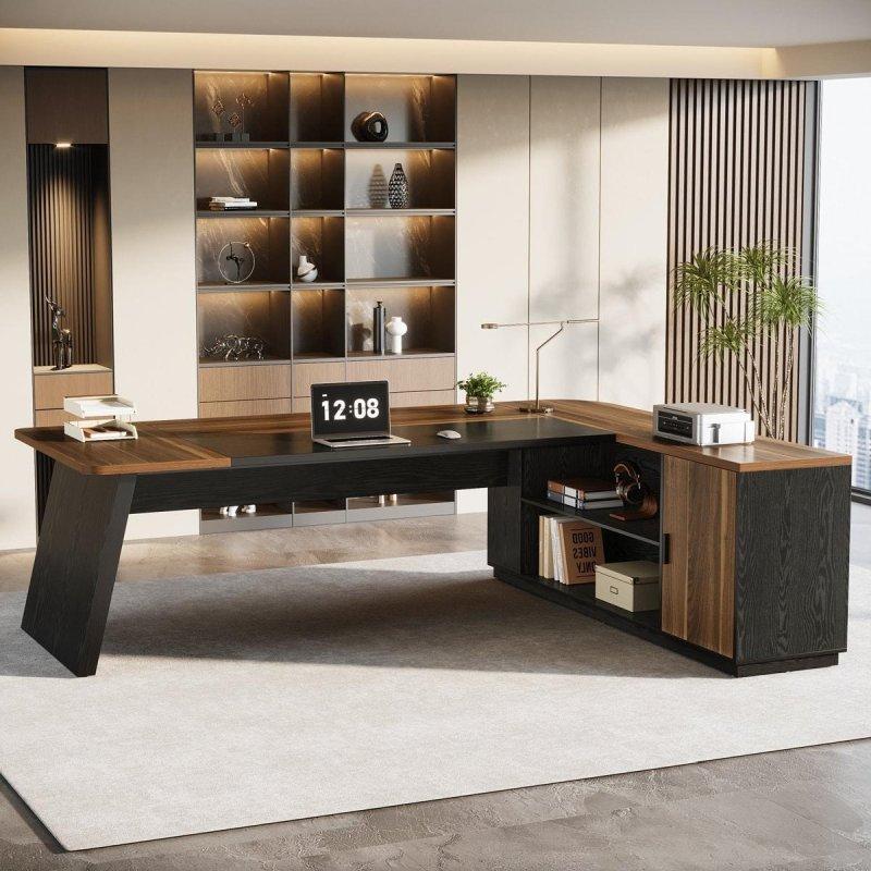 Siyah ve Ahşap Rengi MDF Kabinli Raflı L Tipi Ofis Masası - 200x140 cm - 327779