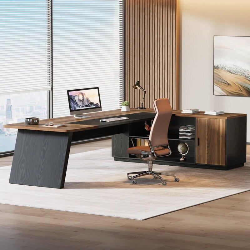 Siyah ve Ahşap Rengi MDF Kabinli Raflı L Tipi Ofis Masası - 200x140 cm - 327779