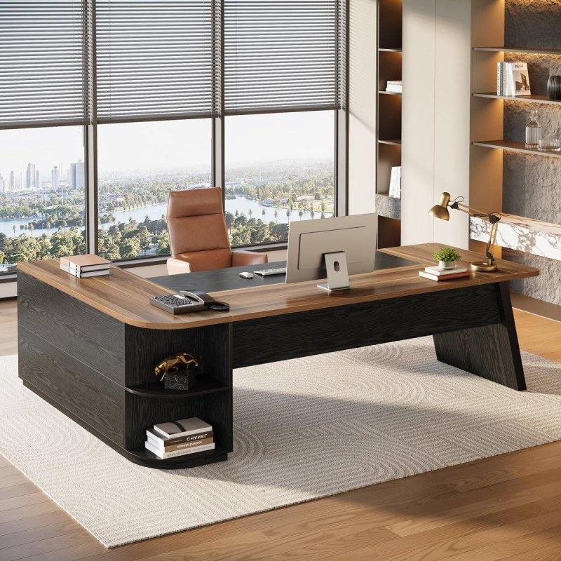 Siyah ve Ahşap Rengi MDF Kabinli Raflı L Tipi Ofis Masası - 200x140 cm - 327779 Siyah ve Ahşap Rengi MDF Kabinli Raflı L Tipi Ofis Masası - 200x140 cm - 327779