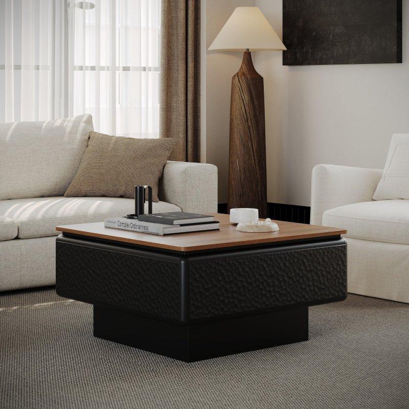 Siyah ve Ahşap Renkli MDF Asansörlü Gizli Bölmeli Akıllı Sehpa - 81x81 cm - 253812