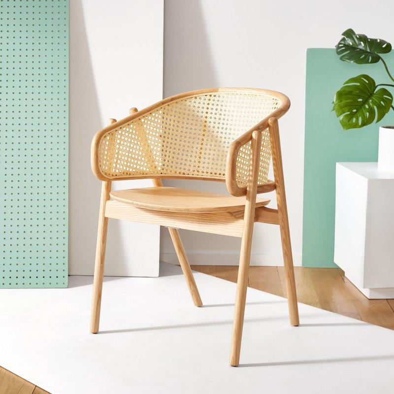 Siyah ve Bej Masif Dişbudak Ağacı Kavisli Sırtlı Rattan Sandalye - 54x61x79 cm - 251457