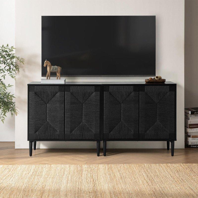 Siyah ve Bej MDF Hasır Örgü Kapaklı Ayarlanabilir Raflı 2li Set Bohem Konsol - 82x41x78 cm - 325290