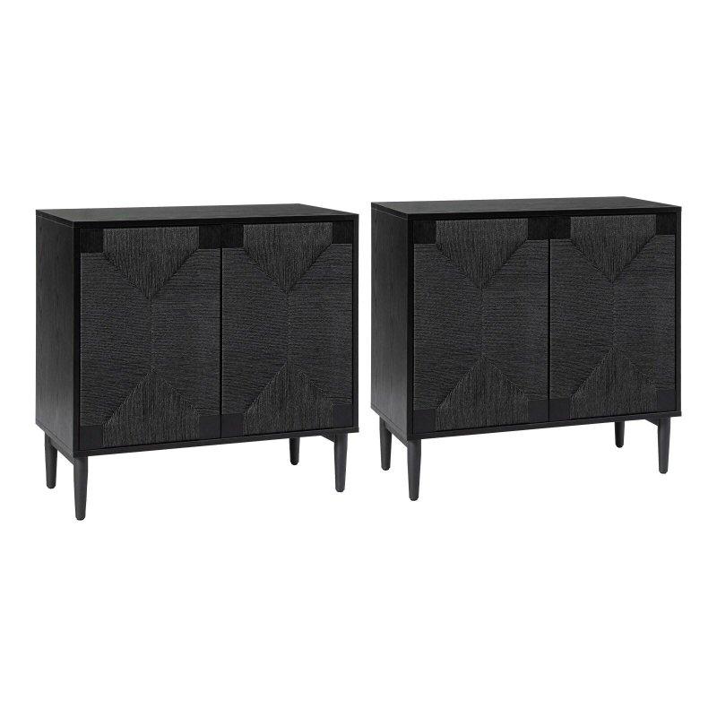 Siyah ve Bej MDF Hasır Örgü Kapaklı Ayarlanabilir Raflı 2li Set Bohem Konsol - 82x41x78 cm - 325290
