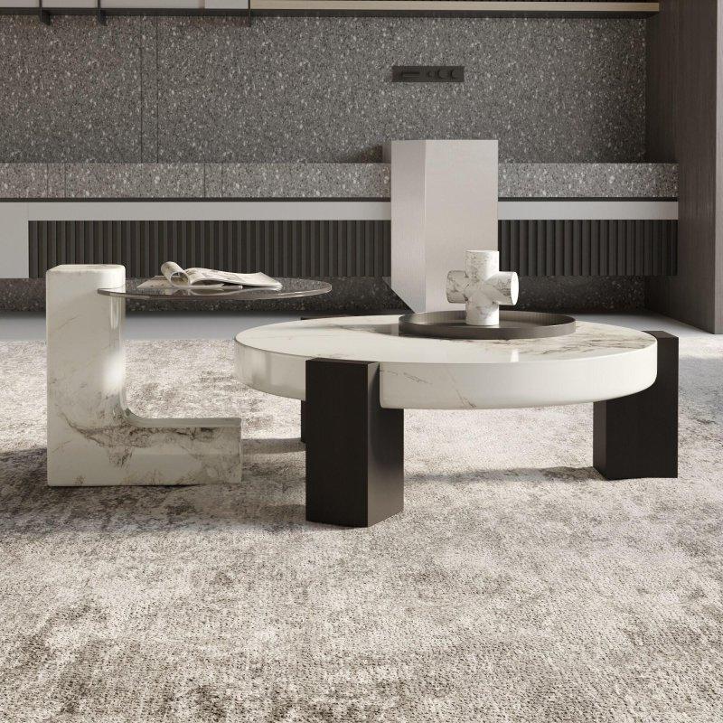 Siyah ve Beyaz Cam Tablalı MDF 2li Zigon Yuvarlak Orta Sehpa Seti - 242825