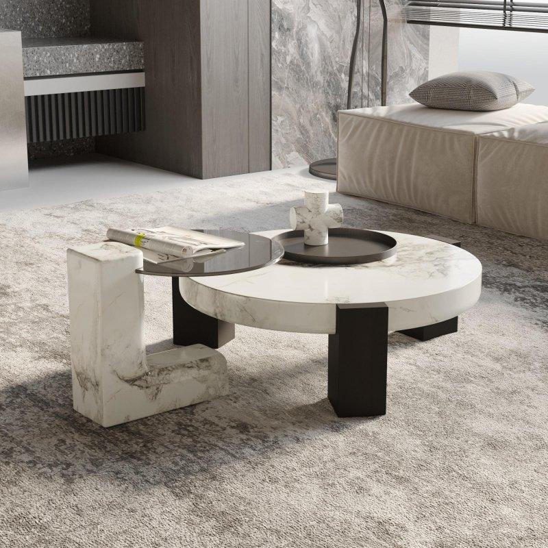 Siyah ve Beyaz Cam Tablalı MDF 2li Zigon Yuvarlak Orta Sehpa Seti - 242825