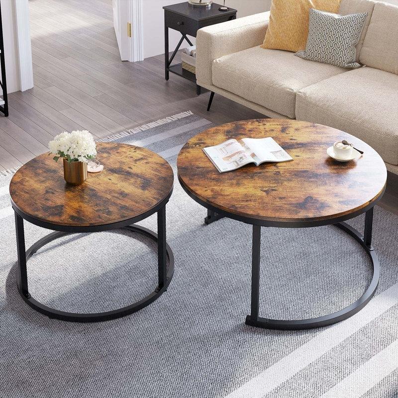 Siyah ve Beyaz Masif ve MDF Ahşap Metal İç İçe Geçen 2li Set Yuvarlak Orta Sehpa - 244720