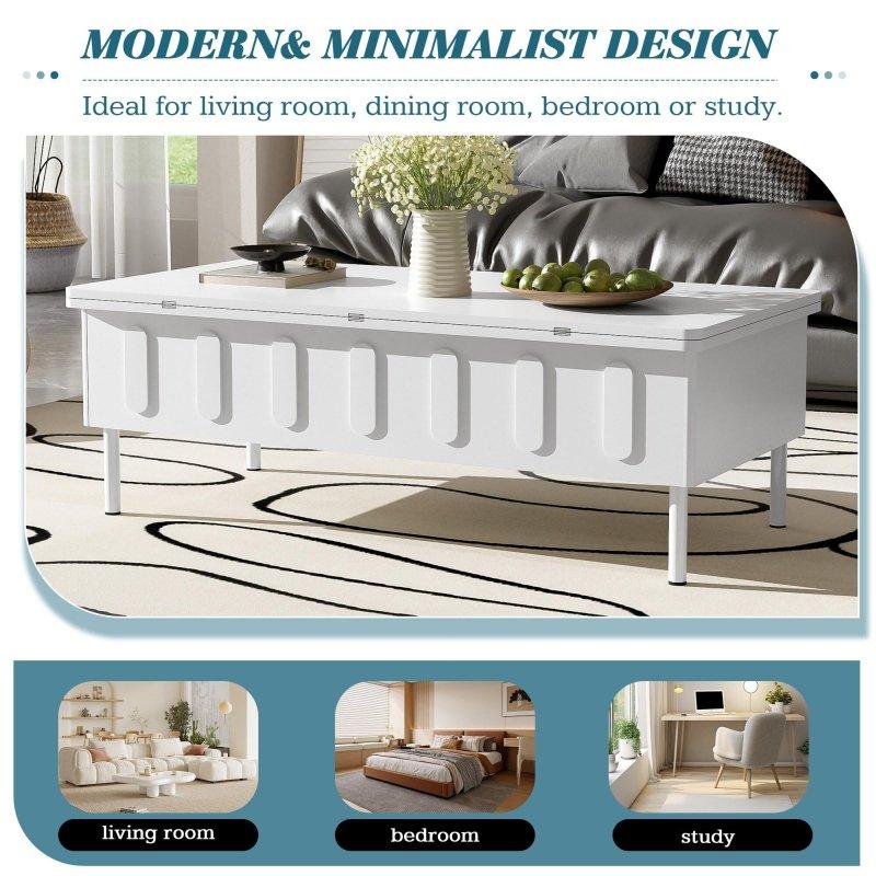 Siyah ve Beyaz MDF Metal Kaldırılabilir Çekmeceli Yemek Masasına Dönüşen Akıllı Sehpa - 110x56 cm - 253512