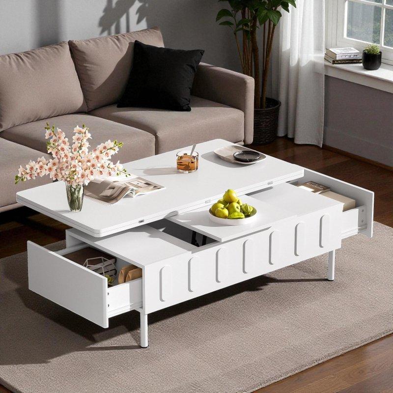 Siyah ve Beyaz MDF Yükseltilebilir ve Açılabilir Çekmeceli Akıllı Sehpa - 110x55 cm - 253853