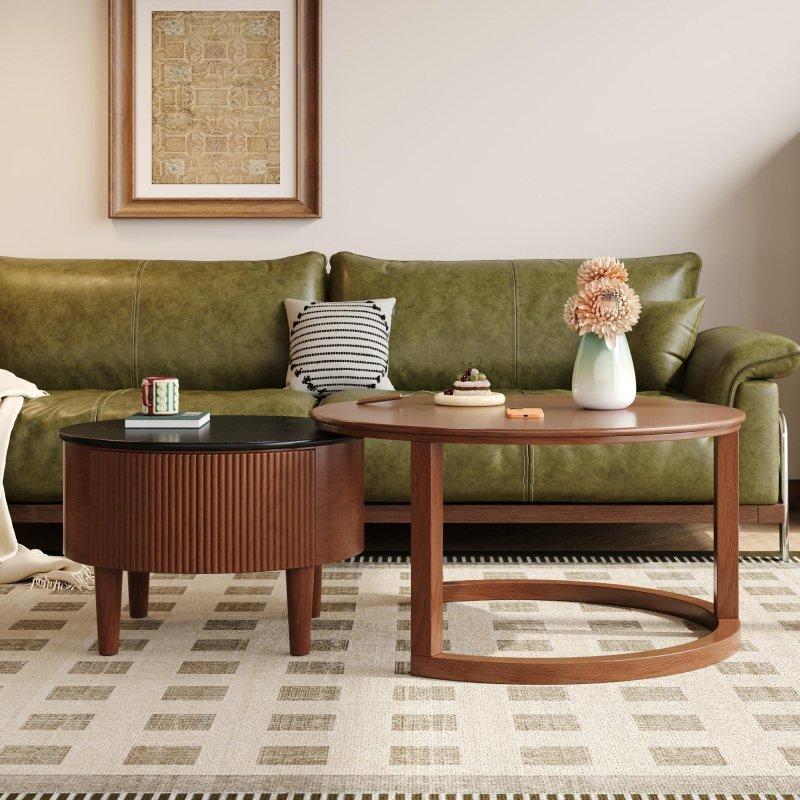 Siyah ve Ceviz MDF Yivli Zigon Yuvarlak Orta Sehpa - 81x44 cm - 240589