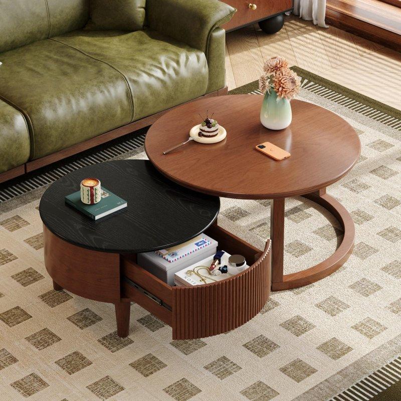 Siyah ve Ceviz MDF Yivli Zigon Yuvarlak Orta Sehpa - 81x44 cm - 240589