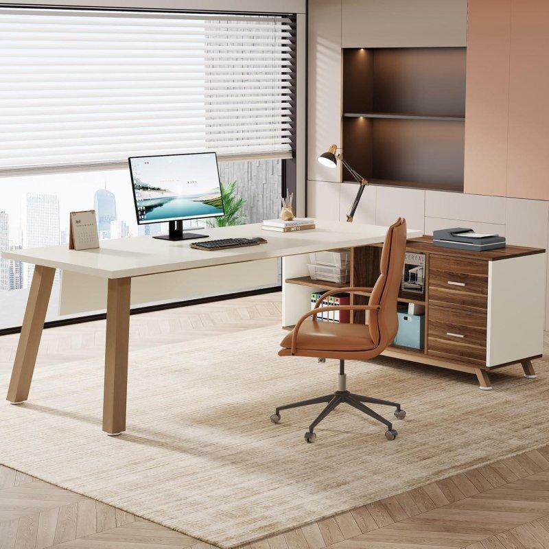 Siyah ve Ceviz Metal Çekmeceli Raflı L Tipi Ofis Masası - 200x140 cm - 326761