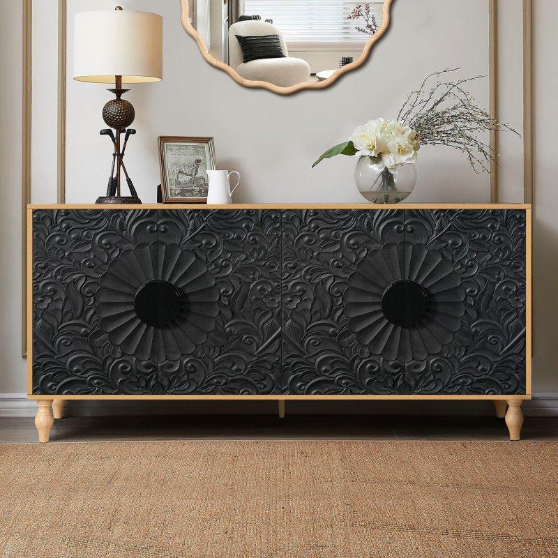 Siyah ve Doğal Ahşap MDF Simetrik Oymalı Kapaklı Ayarlanabilir Raflı Bohem Konsol - 160x41x82 cm - 325003