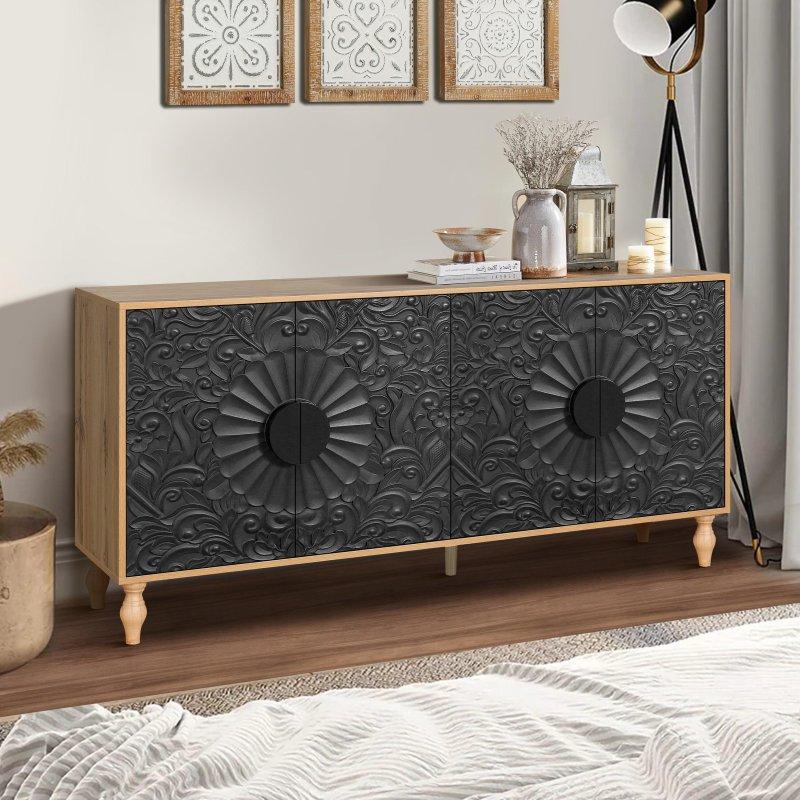 Siyah ve Doğal Ahşap MDF Simetrik Oymalı Kapaklı Ayarlanabilir Raflı Bohem Konsol - 160x41x82 cm - 325003