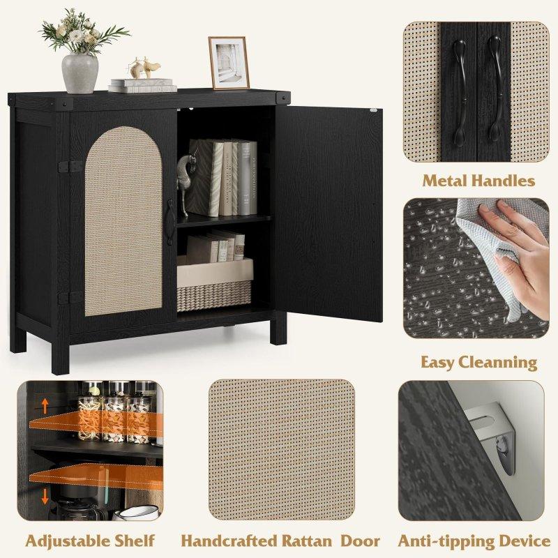 Siyah ve Doğal Ahşap Rattan Kapaklı Çekmeceli Bohem Konsol - 325641