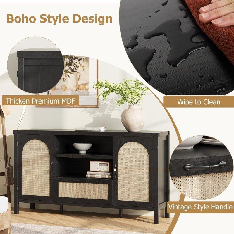 Siyah ve Doğal MDF Rattan Kapaklı Çekmeceli Bohem Konsol - 120 cm - 325143