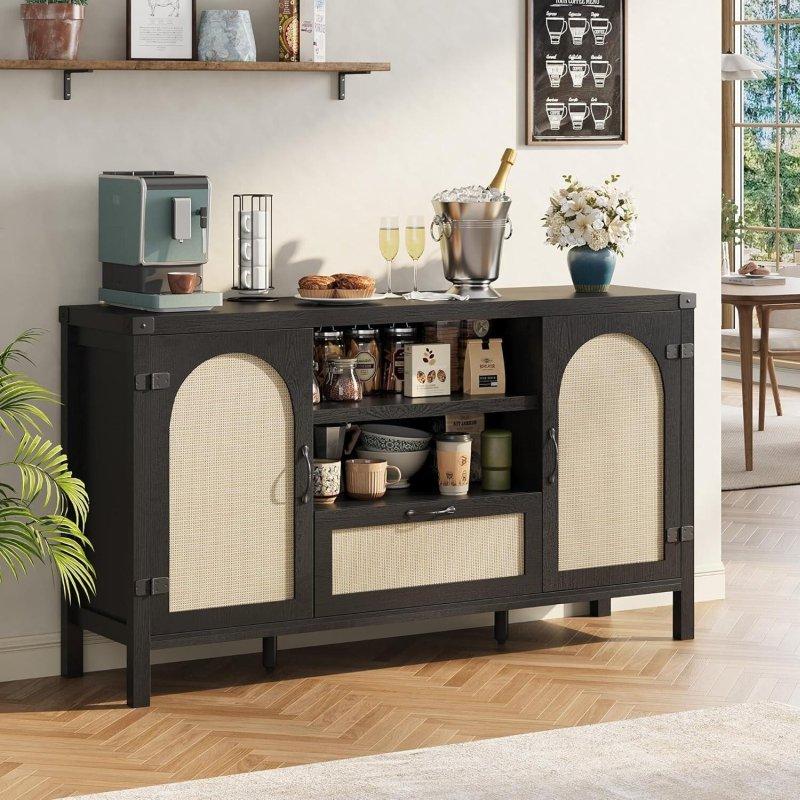 Siyah ve Doğal MDF Rattan Kapaklı Çekmeceli Bohem Konsol - 120 cm - 325143
