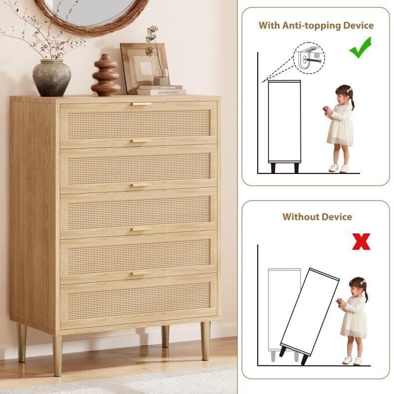 Siyah ve Doğal Meşe Rattan 5 Çekmeceli Metal Ayaklı Gold Kulplu Şifonyer - 307305