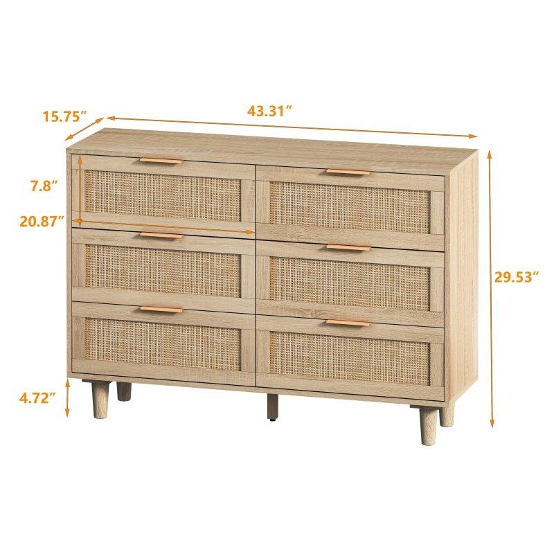Siyah ve Doğal Rattan Ahşap 6 Çekmeceli Şifonyer - 301268