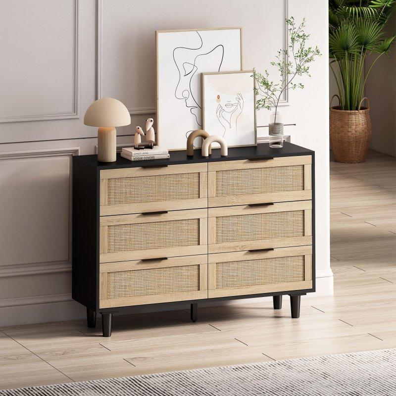 Siyah ve Doğal Rattan Detaylı 6 Çekmeceli Şifonyer - 302657