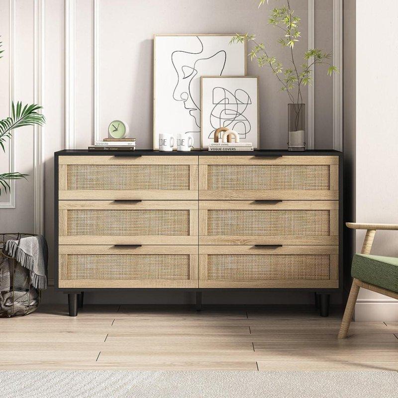 Siyah ve Doğal Rattan Detaylı 6 Çekmeceli Şifonyer - 302657