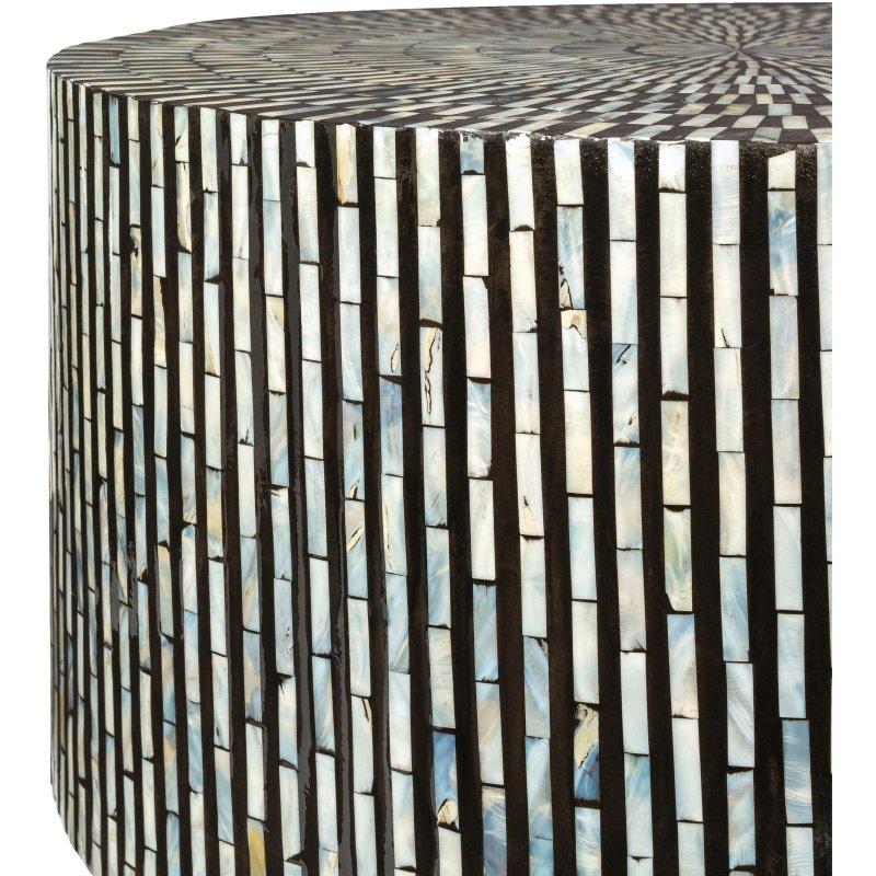 Siyah ve Fildişi Sedef Kaplama El Yapımı Tambur Yuvarlak Orta Sehpa - 77x44 cm - 243131