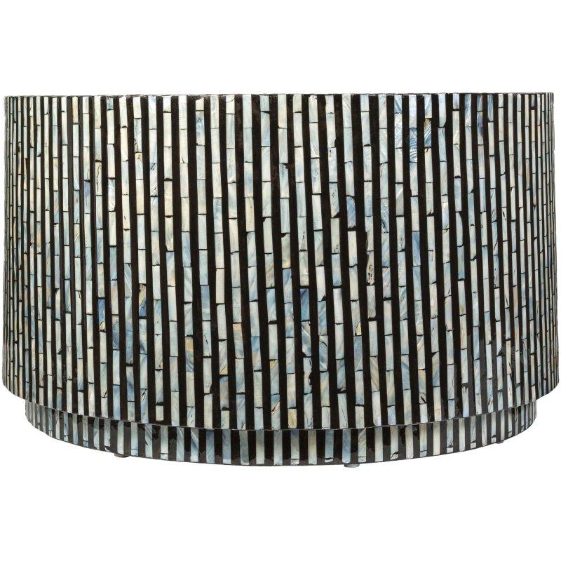 Siyah ve Fildişi Sedef Kaplama El Yapımı Tambur Yuvarlak Orta Sehpa - 77x44 cm - 243131