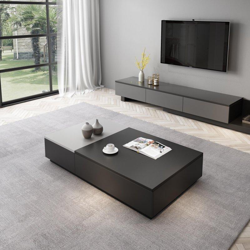 Siyah ve Gri MDF Asansörlü Üç Çekmeceli Akıllı Sehpa - 130x70x27 cm - 254541