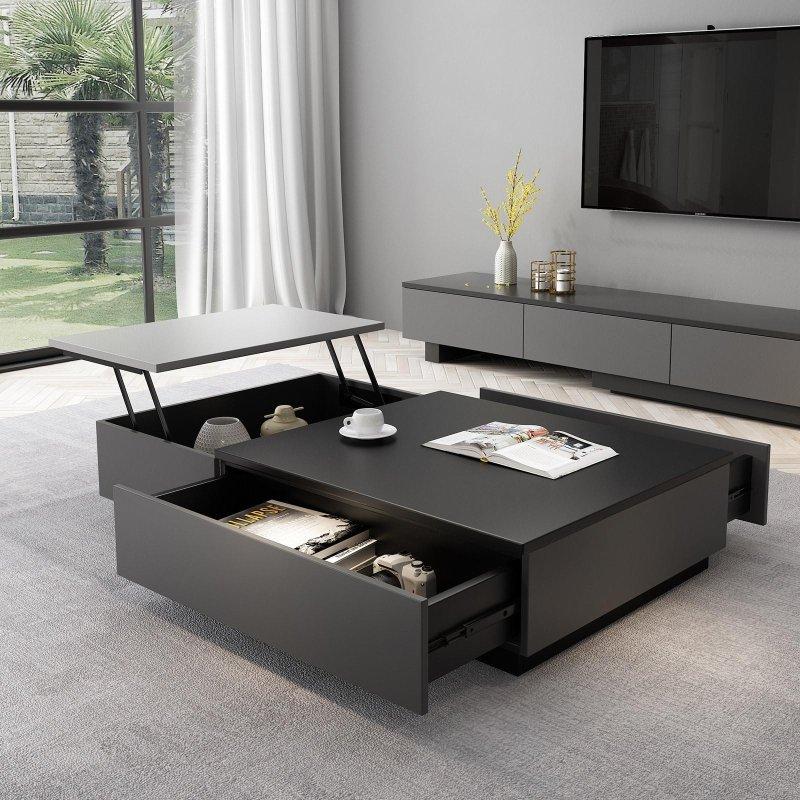 Siyah ve Gri MDF Asansörlü Üç Çekmeceli Akıllı Sehpa - 130x70x27 cm - 254541