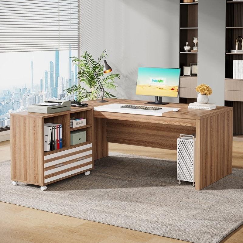Siyah ve Gri MDF L Tipi Tekerlekli Kesonlu Ofis Masası - 158x79 cm - 327761
