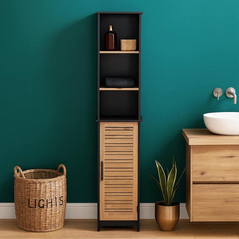 Siyah ve Kahverengi MDF Açık Raflı Havalandırmalı Kapaklı Çok Amaçlı Banyo Dolabı - 34x27x173 cm - 333400