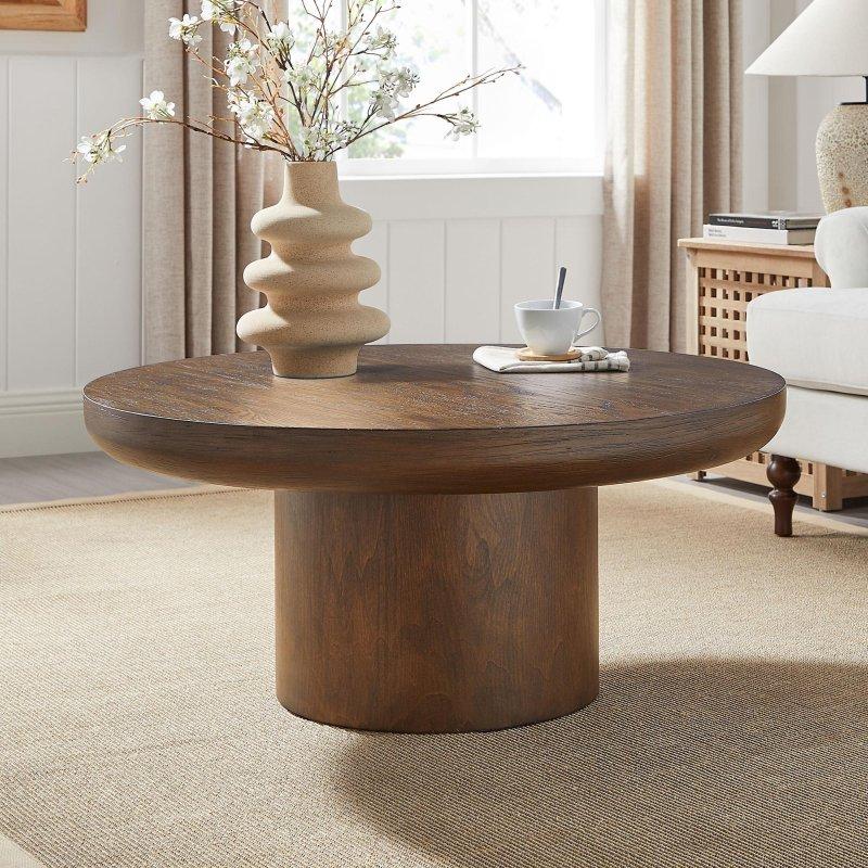 Siyah ve Kahverengi MDF Ahşap Kaplama Silindir Ayaklı Yuvarlak Orta Sehpa - 92 cm - 240405