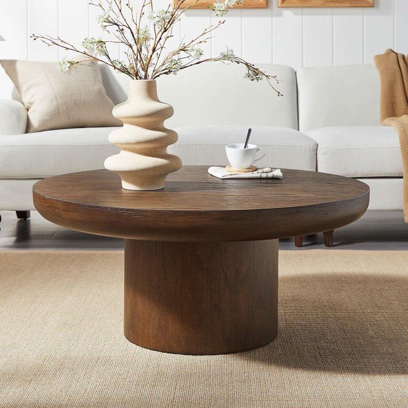 Siyah ve Kahverengi MDF Ahşap Kaplama Silindir Ayaklı Yuvarlak Orta Sehpa - 92 cm - 240405