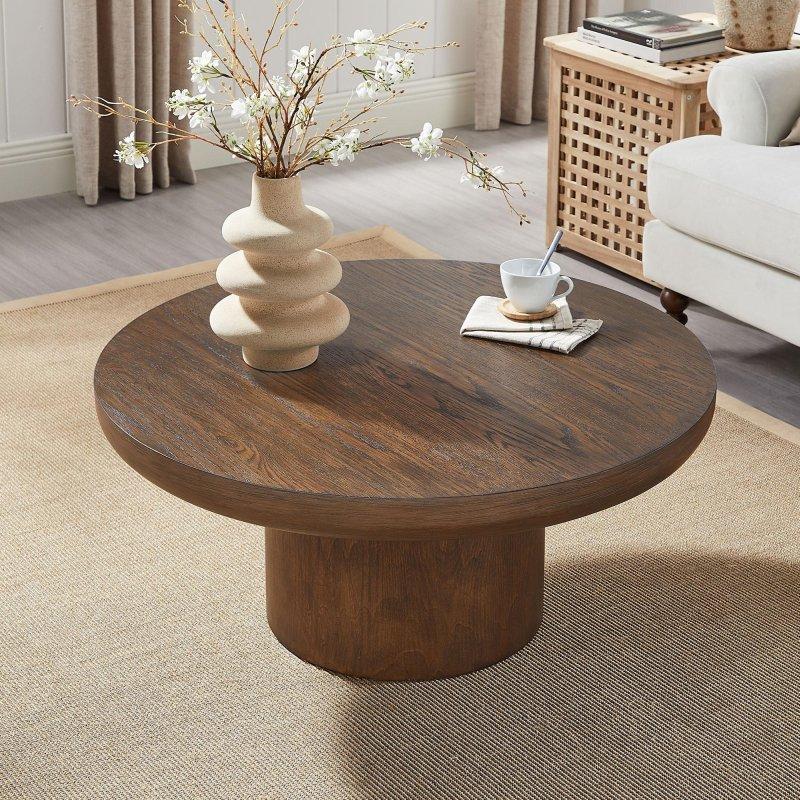 Siyah ve Kahverengi MDF Ahşap Kaplama Silindir Ayaklı Yuvarlak Orta Sehpa - 92 cm - 240405