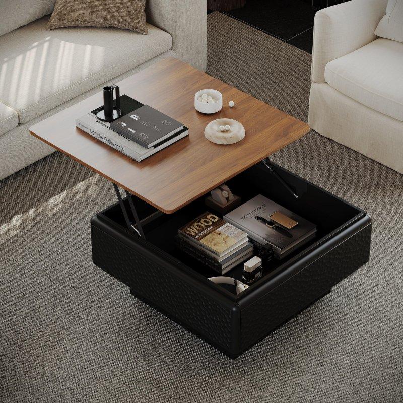 Siyah ve Kahverengi MDF Asansörlü Gizli Bölmeli Akıllı Sehpa - 81x81 cm - 253752