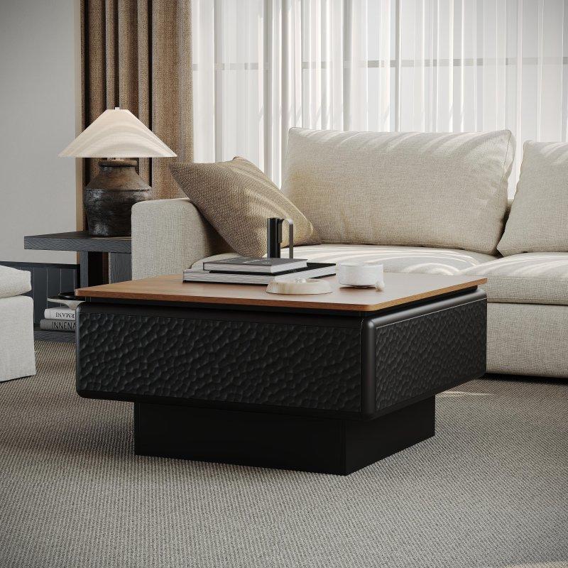 Siyah ve Kahverengi MDF Asansörlü Gizli Bölmeli Akıllı Sehpa - 81x81 cm - 253752