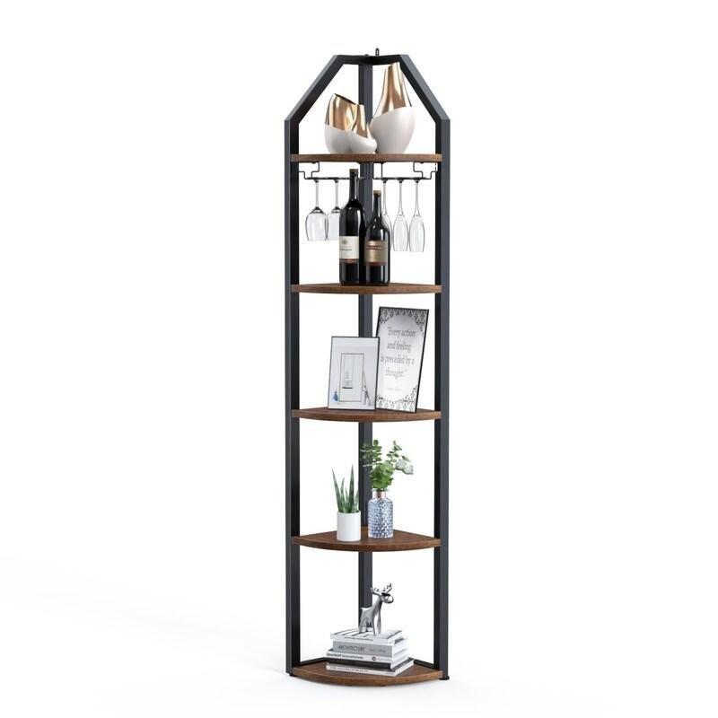 Siyah ve Kahverengi Metal LED Işıklı Kadeh Askılı Köşe Kitaplık - 315794