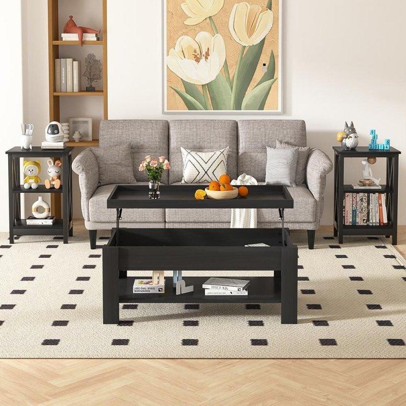 Siyah ve Kahverengi Metal MDF 3 Parça Yukarı Açılır Akıllı Sehpa Seti - 253793