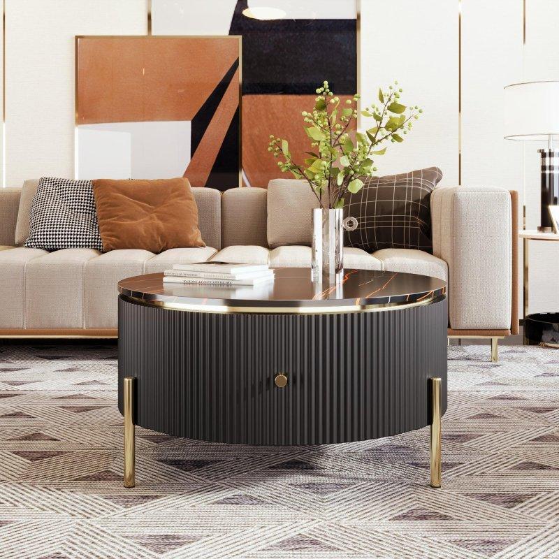 Siyah ve Krem Rengi MDF 2 Çekmeceli Yuvarlak Orta Sehpa - 81x43 cm - 240187