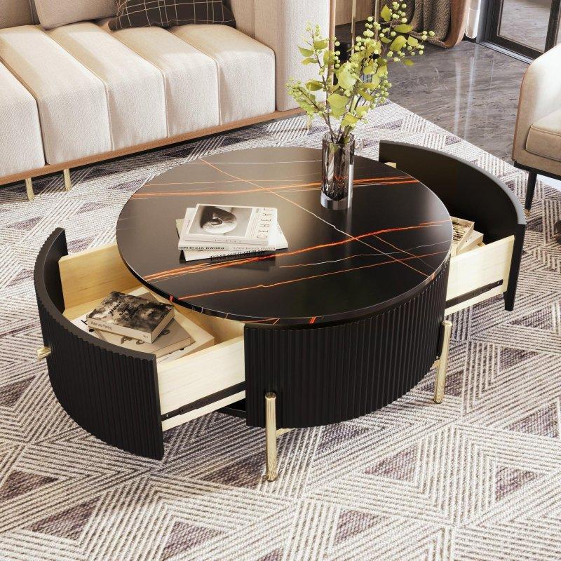Siyah ve Krem Rengi MDF 2 Çekmeceli Yuvarlak Orta Sehpa - 81x43 cm - 240187