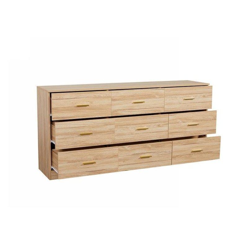 Siyah ve Naturel Ahşap Gold Kulplu 9 Çekmeceli Geniş Şifonyer - 161 cm - 302706