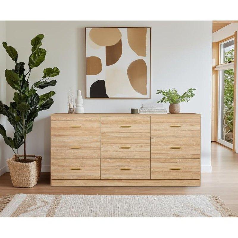 Siyah ve Naturel Ahşap Gold Kulplu 9 Çekmeceli Geniş Şifonyer - 161 cm - 302706