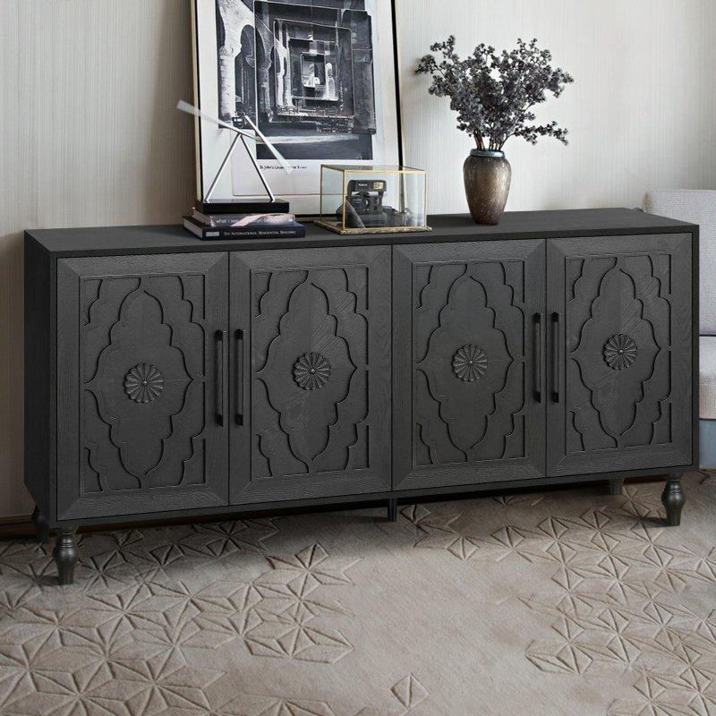 Siyah ve Naturel MDF Oyma Kapaklı Metal Kulplu Bohem Konsol - 325037