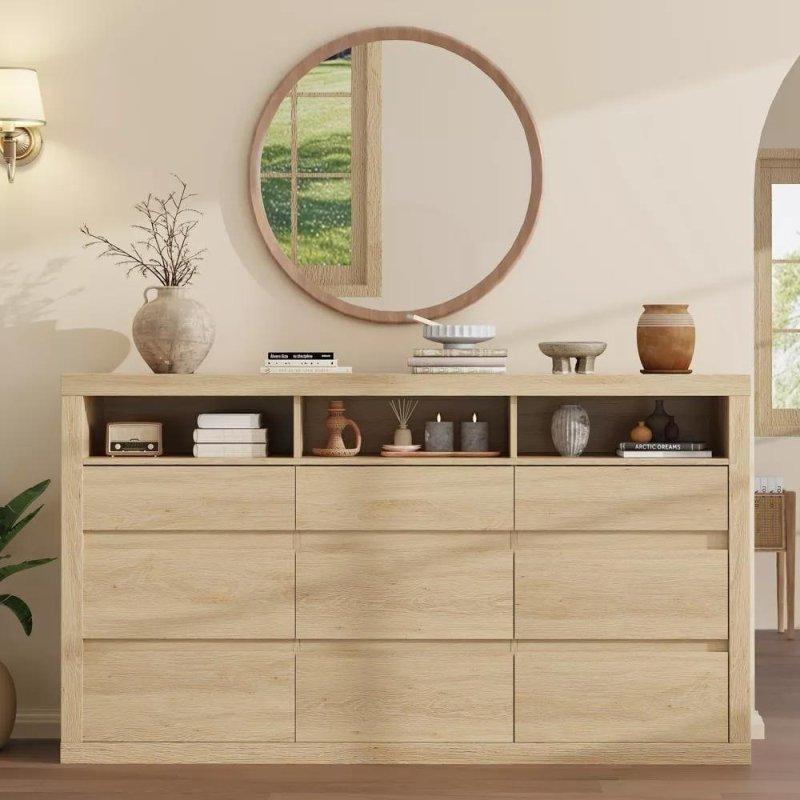 Siyah ve Naturel Meşe Kaplama 9 Çekmeceli 3 Açık Raflı Kulpsuz Modern Şifonyer - 303379