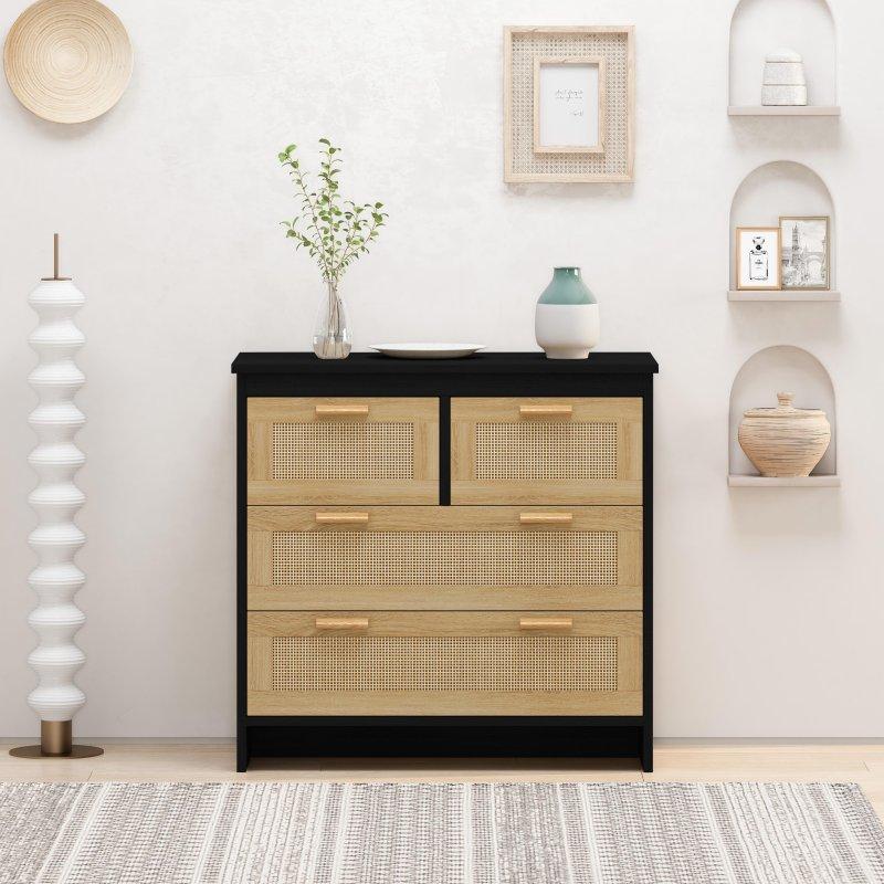 Siyah ve Naturel Rattan Ahşap 4 Çekmeceli Dikey Şifonyer - 298592